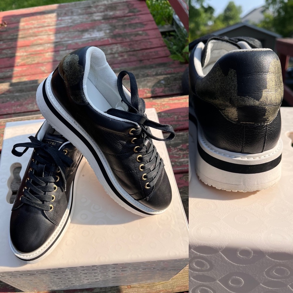 Cappelletti Capri Black Leather Sneakers Size EU 39/ 8.5 w/ Gold sketched Capri